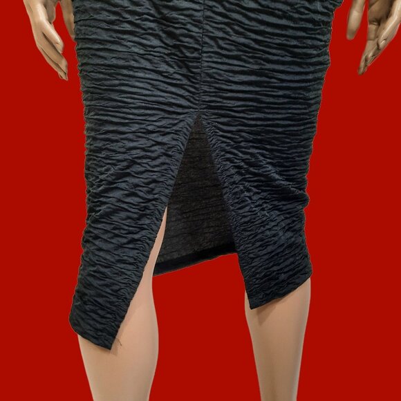 Vintage 90s Black Gothic Vampy Midi Dress Size S High Neck Cut Out Crinkled - Picture 8 of 10